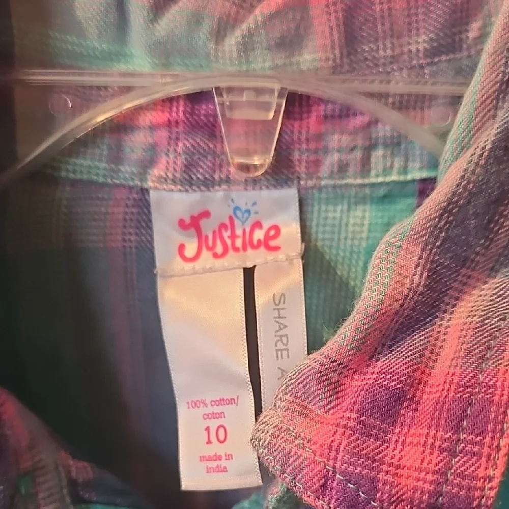 Justice Girls Teal and Purple Plaid Shirt Size 10